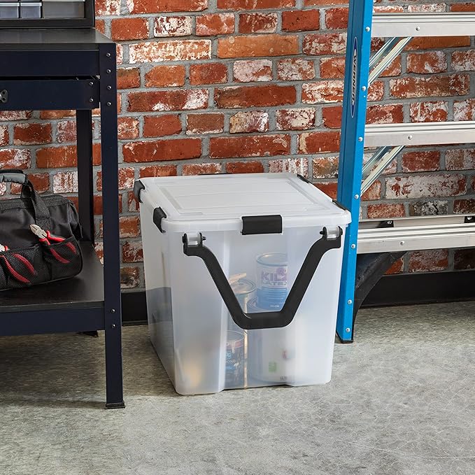 IRIS USA 106 Quart WEATHERPRO Wheeled Plastic Storage Bin Tote Organizing Container with Durable Lid and Seal and Secure Latching Buckles Clear/Black 3 Pack