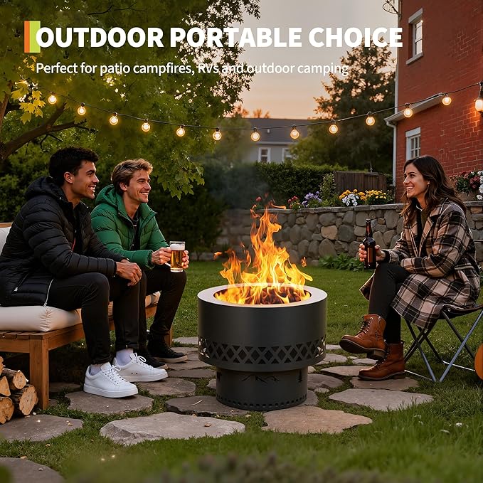 Garvee 19in Smokeless Wood Burning Fire Pit Table - with Removable Ash Pan &amp Dust Bag Outdoor Fireplace for Patio Camping Bonfire Backyard BBQ