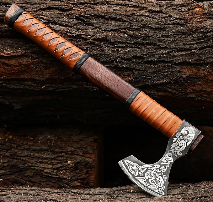 SHINY CRAFTS® Handcrafted Viking Axe – Engraved Nordic Blade with Wooden Handle Unique Gift for Men Collectors Cosplay and Medieval Decor (Brown-VBA-17)