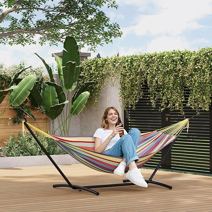 TrailBlaze Double Hammocks with Stand for Outside Frabic Tension Adjustable IndoorCarrying Bag Included 450 lbs Capacity Portable Space Saving Heavy-Duty Steel Stand for Indoor Outdoor Patio