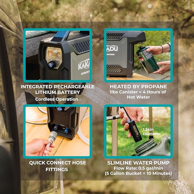 Kakadu Portable Camping Outback Shower Instant Hot Water for Outdoor Use - Slimline Design Rechargeable Lithium Battery Adjustable Shower Head Slim Pump Digital Display