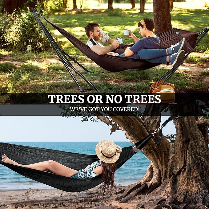 Tranquillo Combo x2 Hammocks with Stand for Outside &amp Tree Straps Heavy Duty Hammock with Stand 600lbs for Indoor Outdoor Patio Backyard x2 Hammocks for 2 Person (Combo - Brown Medium)