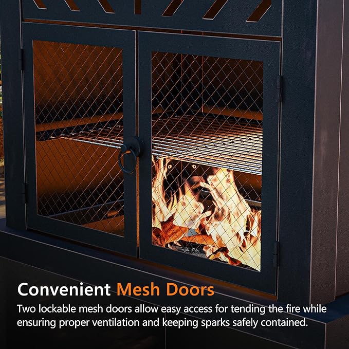 Outdoor Fireplace with Chimney and Wood Storage Metal Wood Burning Fire Pit with Heat Resistant Gloves Fire Poker and Grill Mesh Outside Fireplace for Patio Garden and Deck Black