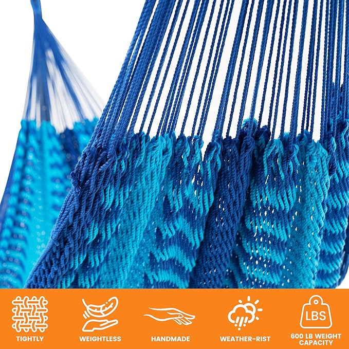 Lazy Daze Hammocks Handwoven Mayan Hammock 10.5 FT Soft Rope Double Hammocks Portable Outdoor Hammock with Carry Bag 2 Straps &amp Carabiners for Patio Outside 550 lbs Weight Capacity Blue/Dark