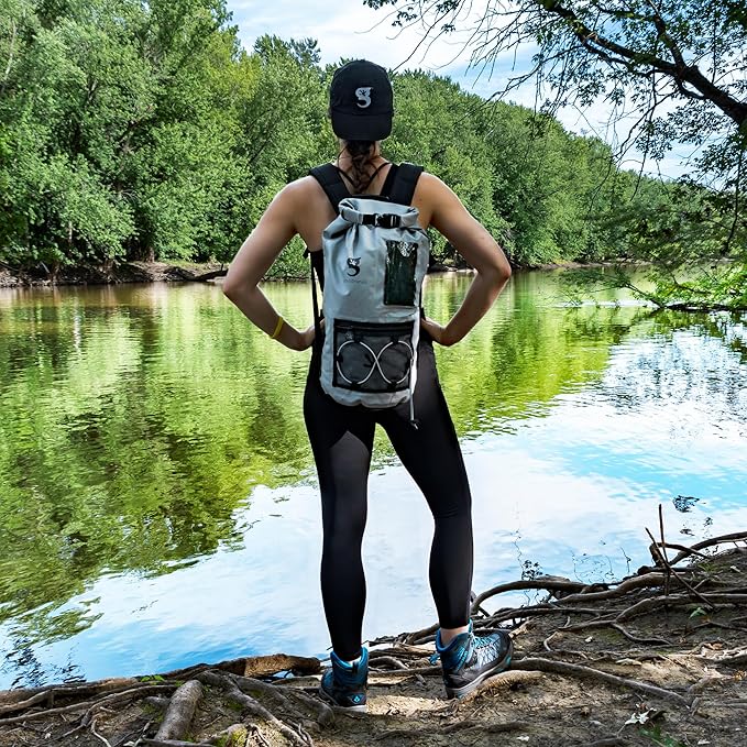 geckobrands Hydroner 20L Waterproof Dry Bag Backpack – Lightweight Roll-Top Bag with Clear Phone Pouch for Outdoor Activities (Flamingo)