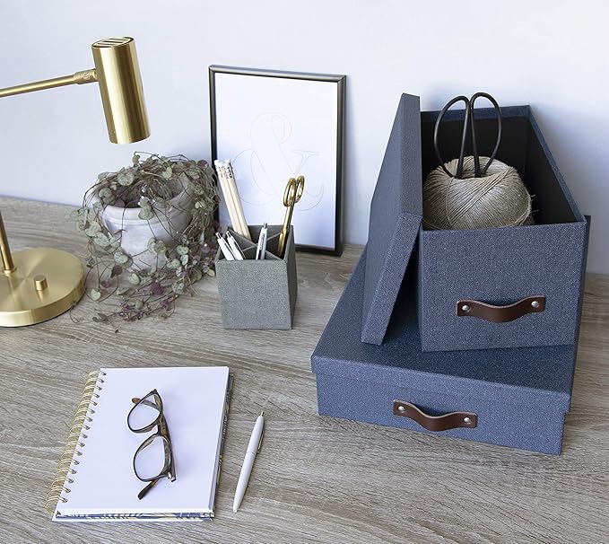 Bigso Box of Sweden Silvia Organizational Storage Box with Leather Handle for Shelves and Stacks Easily - Durable and Decorative Storage Boxes with Lids - 5.9 in x 6.5 in x 11.6 in - Blue