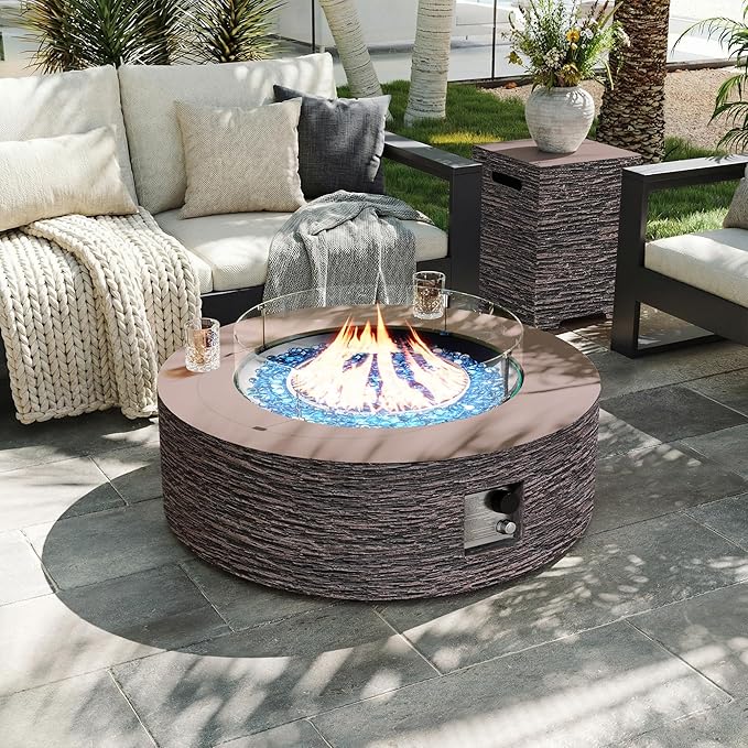 UPHA 42-inch Outdoor Propane Gas Fire Pit Table 50000 BTU Concrete Round FirePit for Outside Patio with Propane Tank Cover Wind Guard Blue Glass Rocks Rain Cover Reddish Brown