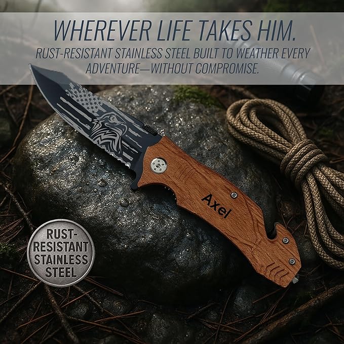 Personalized Pocket Knife for Men with Clip | Laser Engraved Patriotic Design Folding Utility Tactical Switchblade for Camping Hunting Rescue | Custom Birthday Gift for Dad Husband Groomsmen Gifts