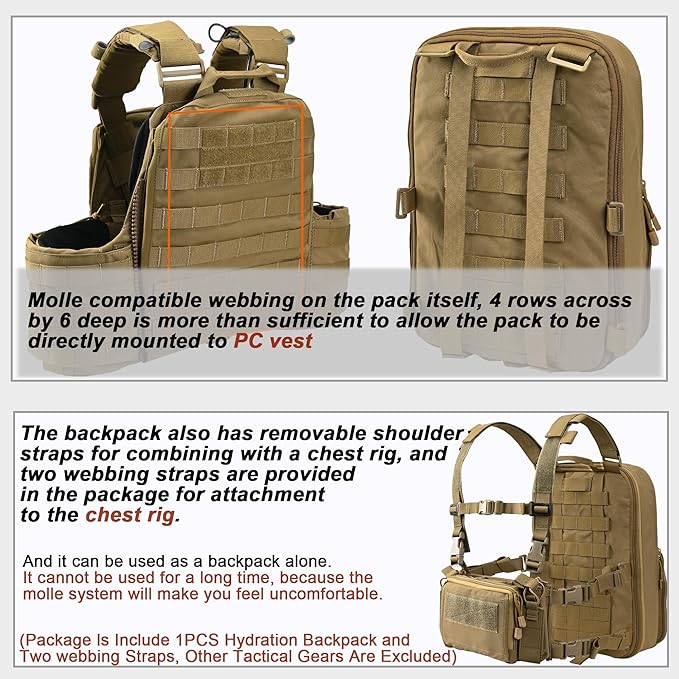 Tactical Expandable Flatpack Chest Rig Backpack MOLLE Assault Pack Hydration Pack for PC Vest (Coyote Brown)