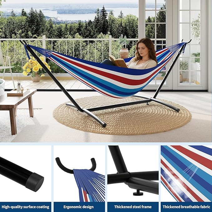 Double Hammock with Stand Hammock Wih Space Saving Steel Stand and Carrying Case 2 Person 450 Lb Capacity for Indoor Outdoor Patio Yard