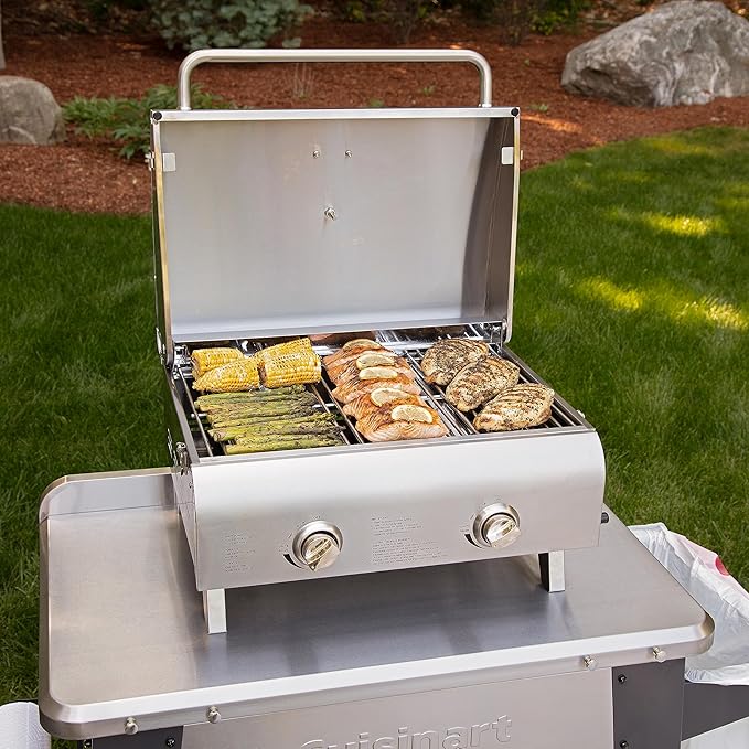 Cuisinart Chef's Style Tabletop Portable Propane Grill 20000 BTU Stainless Steel 2-Burner Outdoor Gas Grill for Camping Tailgates BBQ Hassle-Free Setup Twist-Start Ignition CGG-306