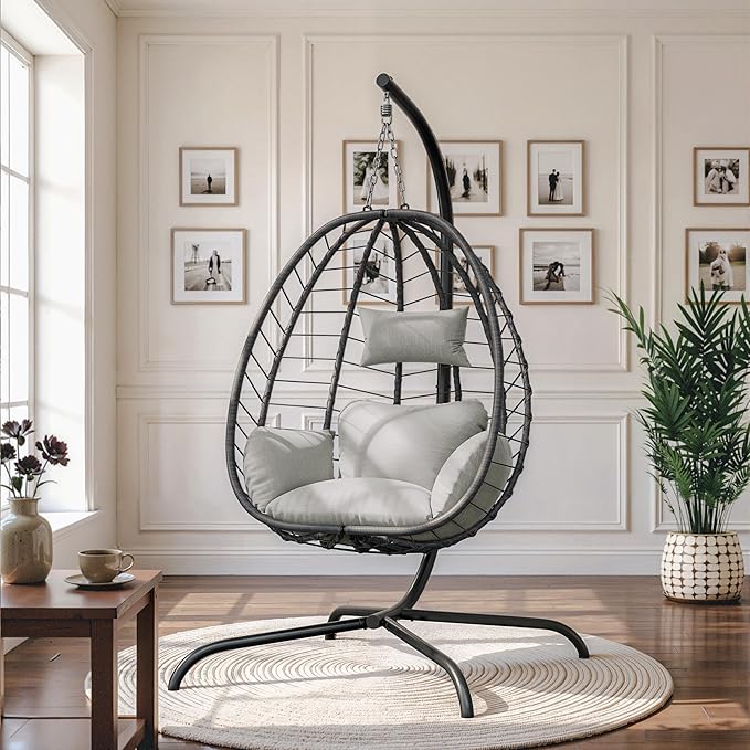 ALAULM Foldable Egg Chair with Stand 485LBS Capacity Wicker Rattan Hammock Swing Chair for Outdoor &amp Indoor Hanging Chair with Strong Frame &amp UV Resistant Cushion for Balcony Bedroom Cream