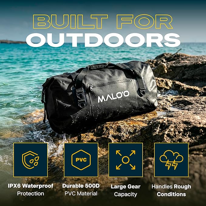 Malo’o Waterproof Dry Duffel Heavy-Duty Roll Top Waterproof Gear Bag with Shoulder Strap &amp Molle Loops Marine Duffel for Kayaking Boating Camping Beach &amp Travel Black 40L