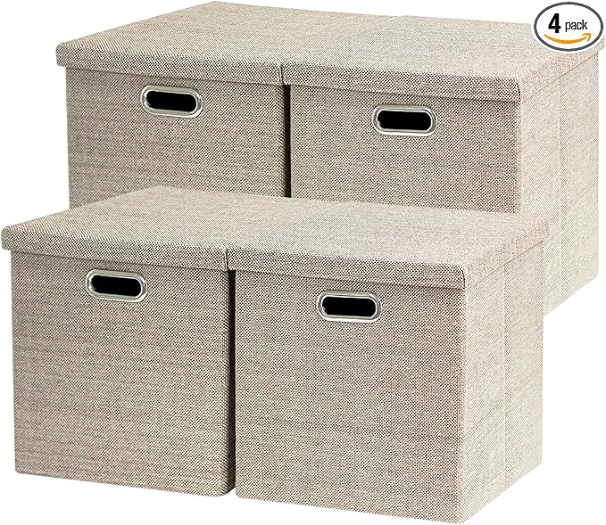 Storage Bins with Lids13 x 13 Inch Foldable Fabric Cube Baskets Boxes Organizer for Closet Shelves and Home. (Khaki (13x13) 4 pack)