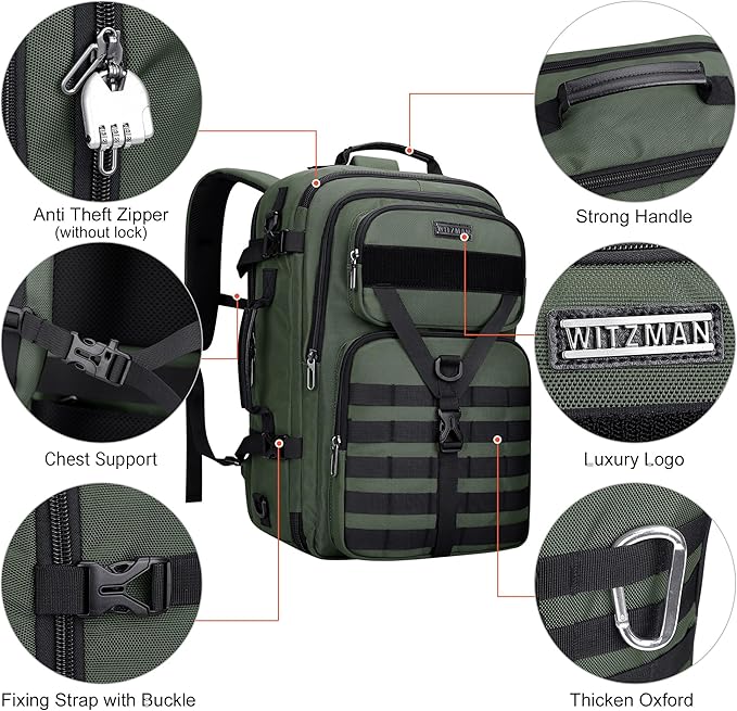 WITZMAN Carry On Travel Backpack for Men Large Convertible 45L Fit 17 Inch Laptop Backpack 3 in 1 Bag for Airline Approved(B688 Light Green)