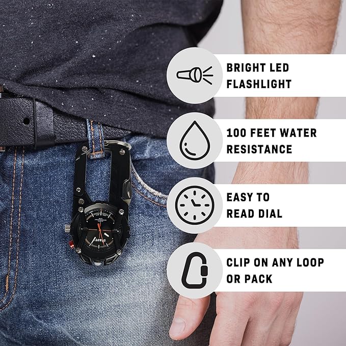 Multitool Clip Watch for Men – Black | 100ft Water Resistant Clip-On Watch with LED Light Bottle Opener Screwdriver &amp Carabiner – Outdoor Work Camping Hiking Tool