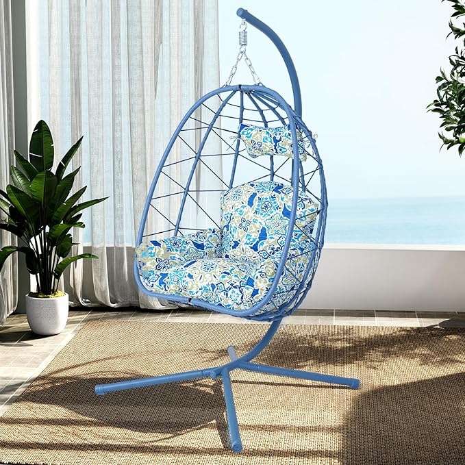 Hanging Egg Chair with Stand Outdoor Indoor Patio Rattan Swing Hammock Chairs with Washable Cushion PE Wicker Swing Chair for Backyard Bedroom Garden (Blue + Floral Cushion No Footrest)