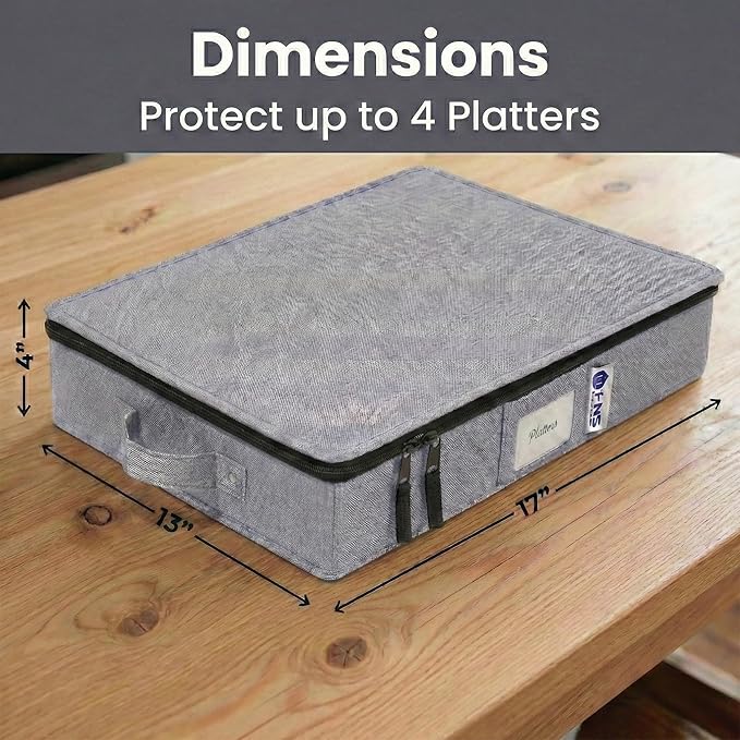 Platter Storage Containers - Hard Shell Protection for Fine China Sturdy Dish Organizer with Dividers for Seasonal Storage Moving &amp More - Protects up to 4 Platters (Gray)