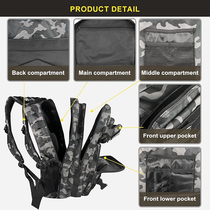 Zavothy 45L Military Tactical Backpack Army 3-Day Assault Pack Bug Out Bag for Hiking Camping | Army Bag Large Rucksack with Molle System