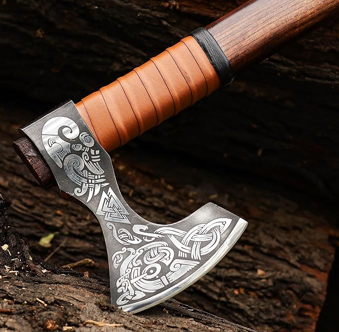 SHINY CRAFTS® Handcrafted Viking Axe – Engraved Nordic Blade with Wooden Handle Unique Gift for Men Collectors Cosplay and Medieval Decor (Brown-VBA-17)