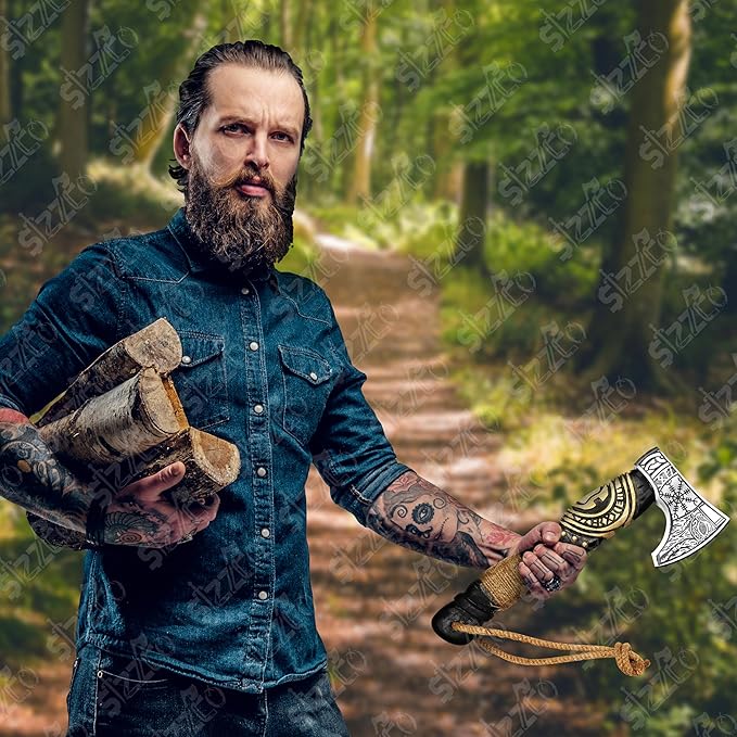 Custom Gift Black Forged Carbon Steel Viking Style Axe Bearded Axe with Rose Wood Shaft Tomahawk - Real Hatchet Best Gift for Anniversary Birthday Premium Leather Sheath