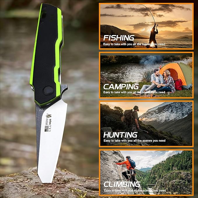 WPKOPYA 7.8in Folding Pocket Knife with D2 Steel Blade G10 Handle Ball Bearing Pivot Stonewashed Finish – Outdoor EDC Utility Tool for Camping Hiking Survival Use(G10 - Black/Green)