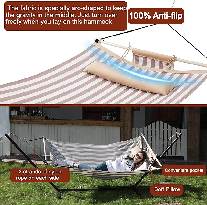 TegerDeger Anti-flip 12FT Hammock Large Hammock 450LB Capacity with Iron Spreader Bar &amp Nylon Rope for Outside Patio Garden Backyard Beach - Beige Strips
