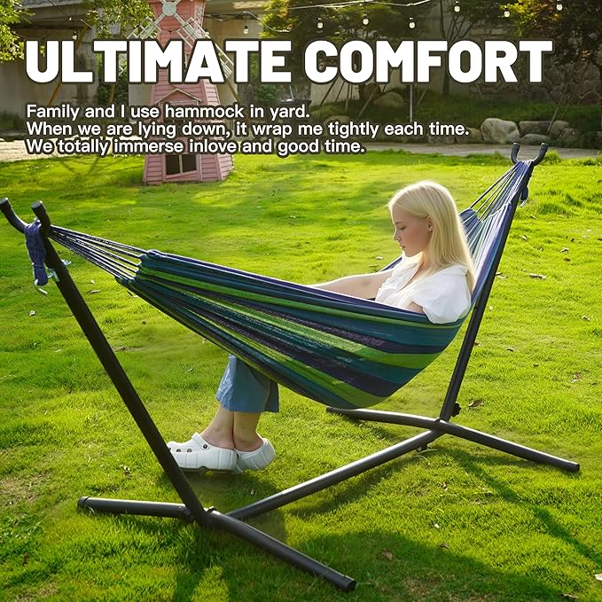 Hammock with Heavy-Duty Steel Stand for OutsideHammocks 450 Lb CapacityPortable Hammock2 People Standing HammocksSuitable for BeachBackyard Gardens Patio Bedroom100 * 40 * 38 Inch (Blue)