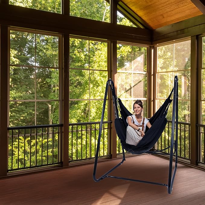 Sunnydaze Patio Hammock Chair with Stand - Hanging Hammock Swing Chair with Stand for Outside - Heavy-Duty Steel - A-Frame - Black