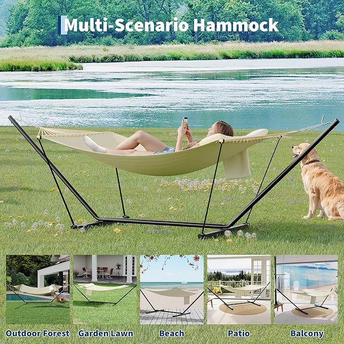 Double Hammock with Stand - Heavy Duty Portable 2 Person Design with Adjustable Steel Stand Max 450LBS Ideal for Outdoor Patio Garden Beach &amp Backyard