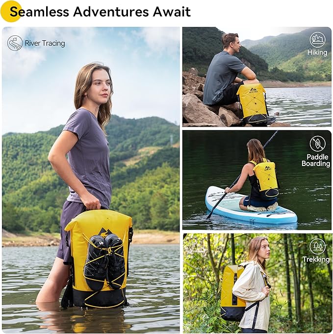 MARCHWAY Floating Roll Top Dry Bag Flexible Lightweight TPU Waterproof Backpack 20L/30L/40L with Padded Straps for Boating Kayaking Swimming Hiking Beach (Yellow 30L)