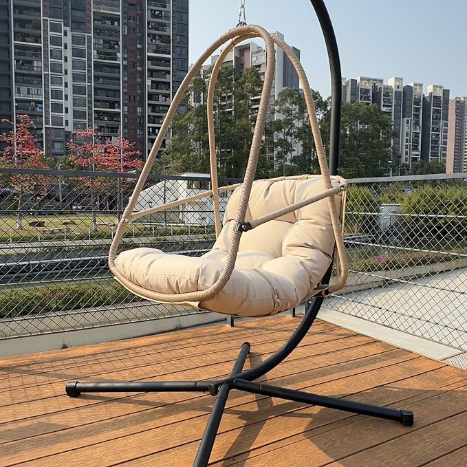 Foldable Rattan Egg Hanging Chair with Stand for Indoor and Outdoor Relaxation Featuring Removable Safety Rail and Convenient Cup Holder with Included Comfort Cushions