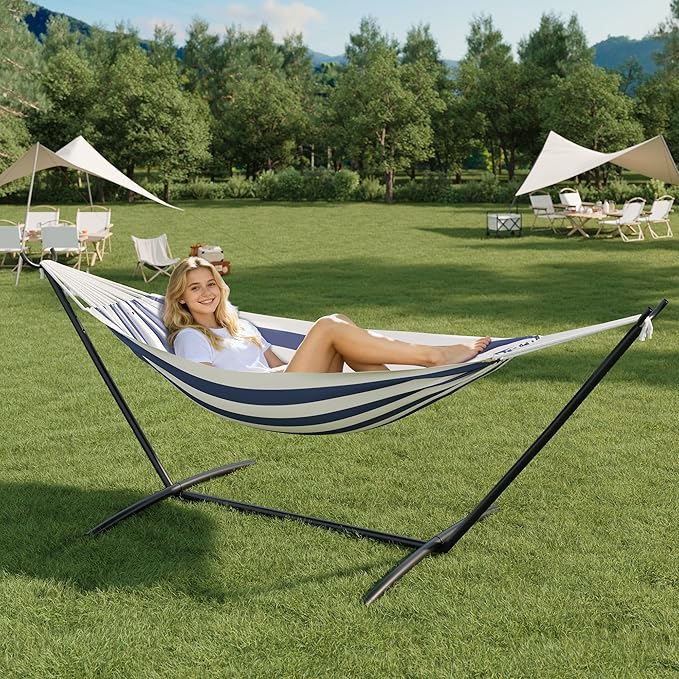 Double Cotton Hammock with Steel Stand for Outside Brazilian Style 450lbs Capacity Portable Indoor Outdoor Lounger with Carry Bag 2-Person Capacity Ideal for Backyard Garden Camping Blue
