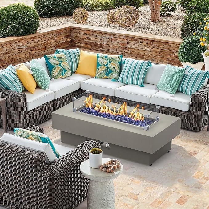 48-inch Fire Table with Natural Gas Conversion Kit &amp Wind Glass Shield 50000BTU Outdoor Modern Patio Fire Pit Table w/Rectangular Burner Lid Glass Rocks Cover
