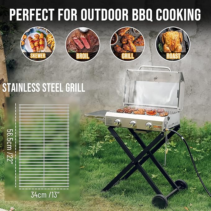 BBQ Gas Grill 3-Burner with Foldable Cart &amp Side Table Premium Portable Propane Grill with 22 Cooking Grate for Outdoor Patio Backyard Barbecue Camping Tailgating RV Stainless Steel Classic GS