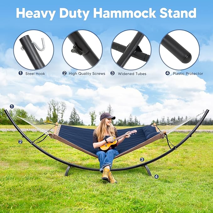 SUNCREAT Hammocks for Outside with Stand Porch Hammock and Stand 475 lbs Capacity Patent Pending Navy