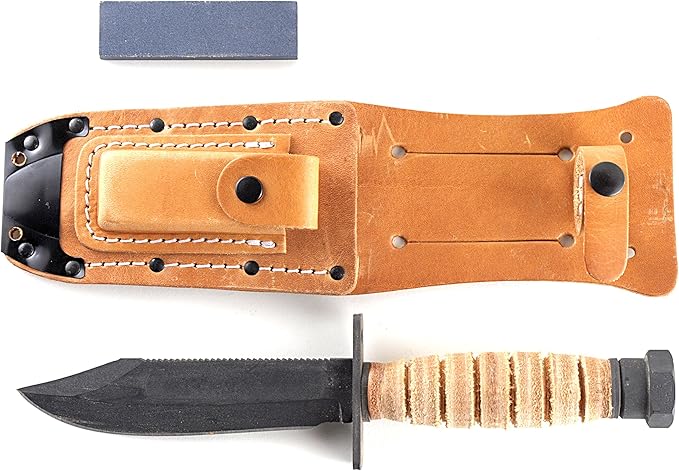 Ontario Knife Company 499 Air Force Survival Knife 5 Sawback Blade with False Top Edge and Blood Grooves Natural Leather Handle and Sheath - 6150 (Color May Vary)Black