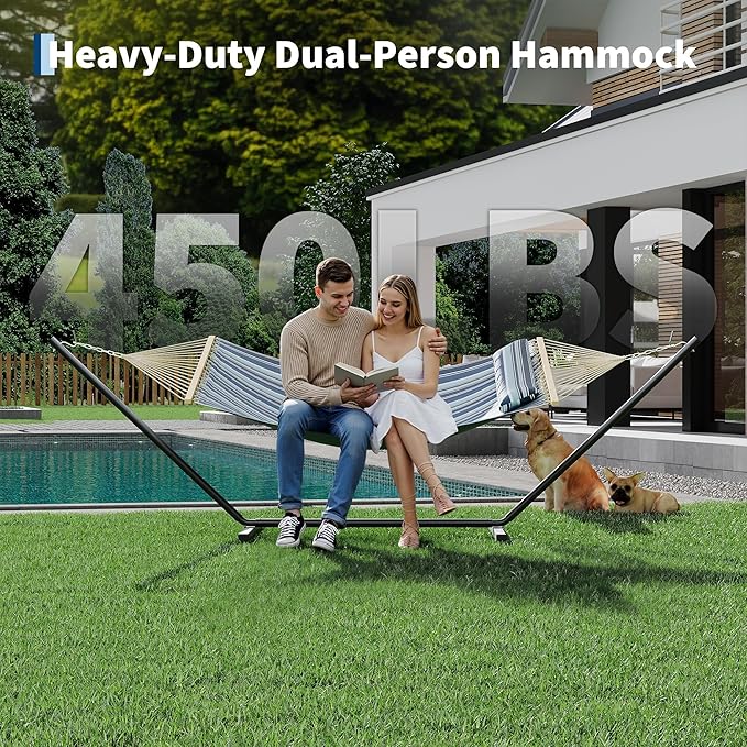 GarveeLife Outdoor Double Hammock with Heavy Duty Adjustable Steel Stand Portable 2 Person Hammock for Patio Garden Beach Backyard