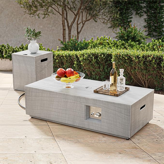 SUNPEAK 42 Rectangular Propane Fire Pit table 50000 BTU Fireplace Table with Wind Guard Glass Lid Rocks and Cover Outdoor Fire Pit for Deck or Patio Fogata para Patio (Light Grey 42 Standard)