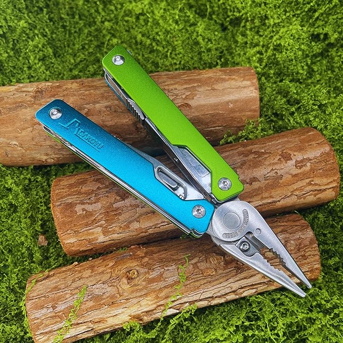 DKYoung™ Multi-Tool Aluminum Handles with Polished Stainless Steel Tools Blue/Green High-Viz Colors Pliers-Based Multitool with Carrying Sheath ¼ in. Hex Extension Camping Hiking Gift