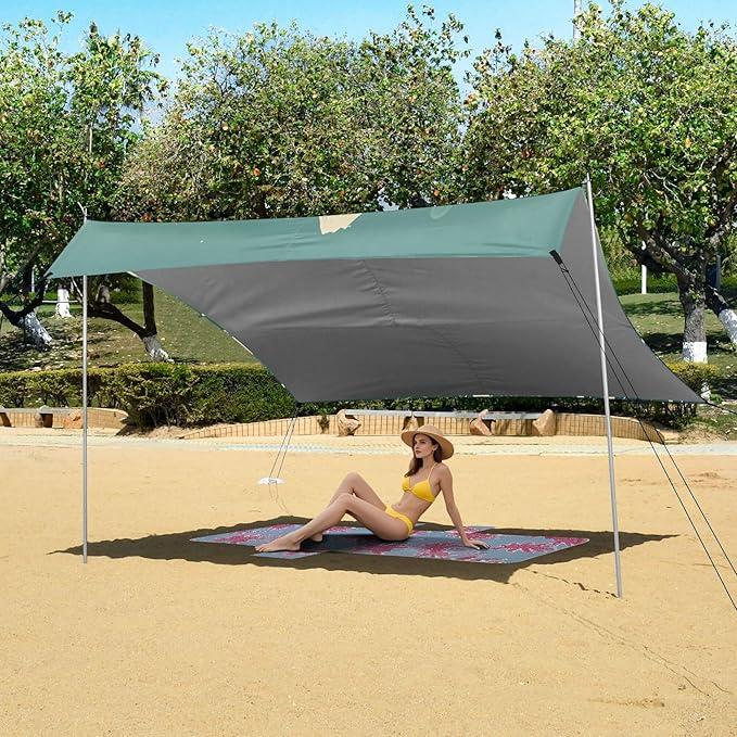 Waves Beach Canopy Sun Shelter with Sandbags &amp Sand Shovel &amp Windproof Ropes - Portable 110x126 Beach Shade Beach Tent for Camping Picnics