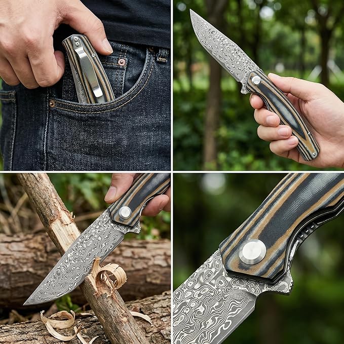 Damascus Steel Folding Pocket Knife 3.74 VG10 Blade for Men and Women Two-Tone G10 Handle EDC Knife with Liner Lock for Outdoor Survival Camping Collection Hunting