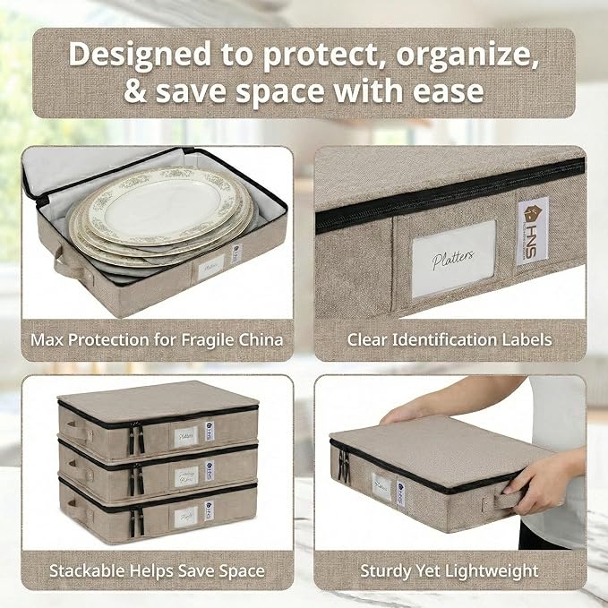 Platter Storage Containers - Hard Shell Protection for Fine China Sturdy Dish Organizer with Dividers for Seasonal Storage Moving &amp More - Protects up to 4 Platters (Brown)