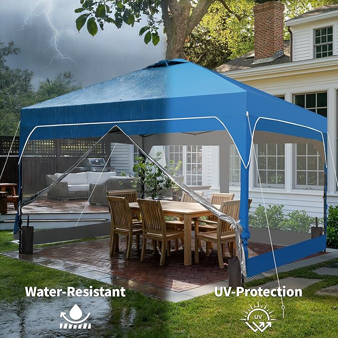 GDY 8x8FT Outdoor Pop Up Canopy Tent with One Push Setup Easy Setup Gazebo with 4 PVC Transparent Sidewalls for Patio Parties Camping Blue.