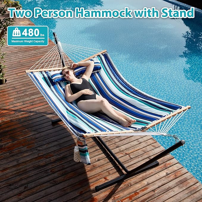 Homgava Two Person Hammock with Stand for Outside Heavy Duty Outdoor Patio Hammock with Portable Steel Stand Large Double Hammocks480lbs Capacity.(Blue Stripes)