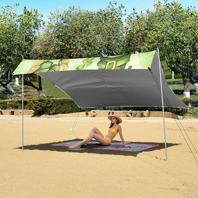 St. Patrick's Day Beach Canopy Sun Shelter with Sandbags &amp Sand Shovel &amp Windproof Ropes - Portable 110x126 Beach Shade Beach Tent for Camping Picnics