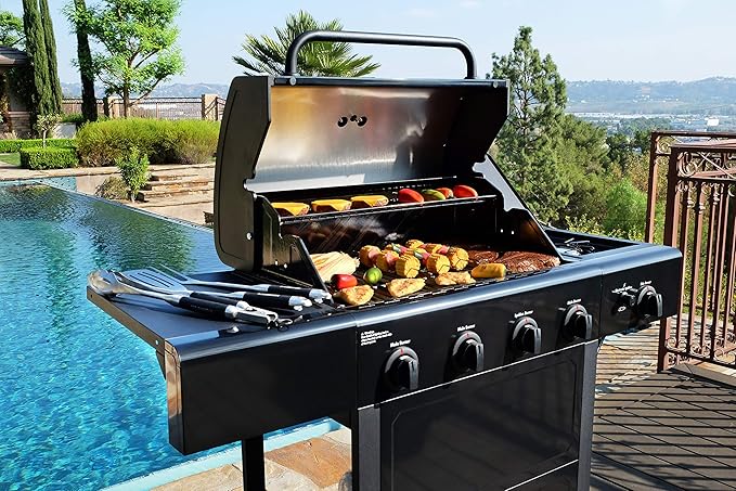 Kenmore 4-Burner Gas Grill with Side Burner Outdoor BBQ Grill Propane Gas Grill Cast Iron Cooking Grates Electronic Ignition Warming Rack Open Cart Design 53000 BTUs Black