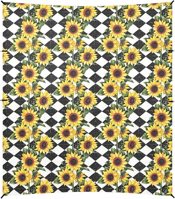 ALAZA Sunflowers Checkered Beach Tent Sun Shelter UPF50+ Protection Beach Shade Canopy w/ 4 Sandbags for Outdoor Camping Fishing Backyard Fun Picnic 10x9 ft