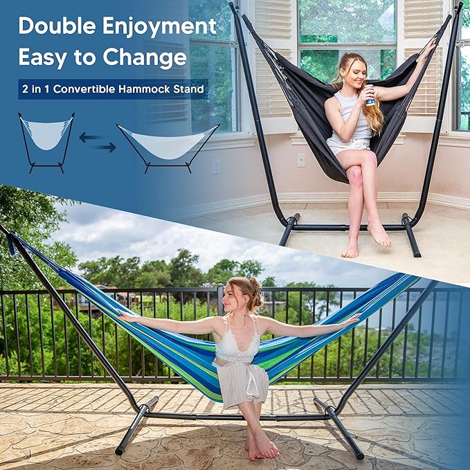 SUNCREAT 2-in-1 Hammocks Hammock Chair with Stand 475 lbs Capacity Heavy Duty Two Person Hammock with Stand Patented Blue Stripe