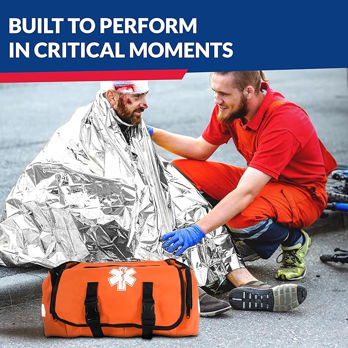 First Responder Trauma First Aid Kit Bag – Fully Stocked Emergency Medical Kit for Workplace Vehicle &amp Home – OSHA &amp ANSI Compliant – Portable – Orange